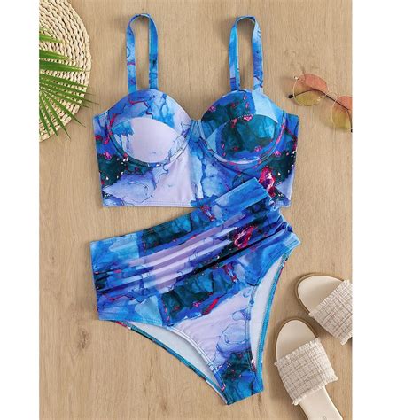 Blue Marble Print High Waist Bikini Set Swimwear India