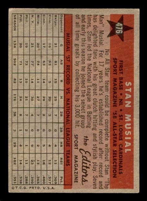 Topps Baseball Stan Musial All Star Vg Ex E Ebay