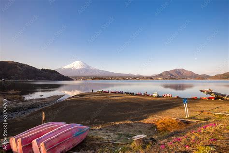 Fujisan Mountain Reflection On Water With Boat Morning Sunrise