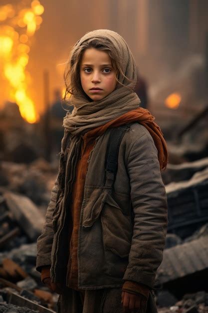 Premium AI Image | a young girl stands in front of a burning building