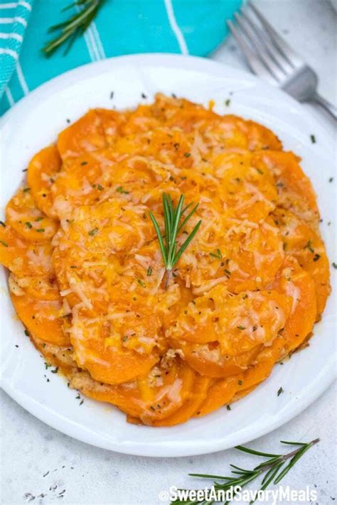 Scalloped Sweet Potatoes Best Cheesy Recipe Video Sweet And Savory