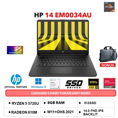 Jual HP 14 EM0034AU RYZEN 5 7520U 16GB 512SSD RADEON 610M W11 OHS 14