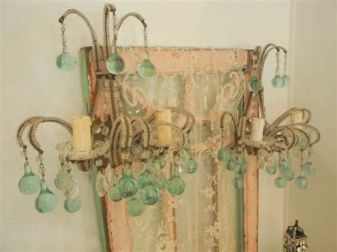 Stunning Pair Of French Macaroni Beaded Wall Sconces With Robin Egg