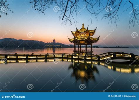 Beautiful Hangzhou In Sunset And Ancient Pavilion Stock Image Image