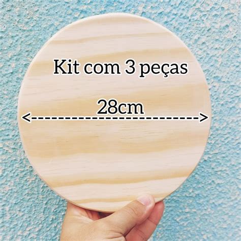 Kit 3 Unid Tabua Redonda 28cm Em Madeira Natural Pinus Placa Redonda