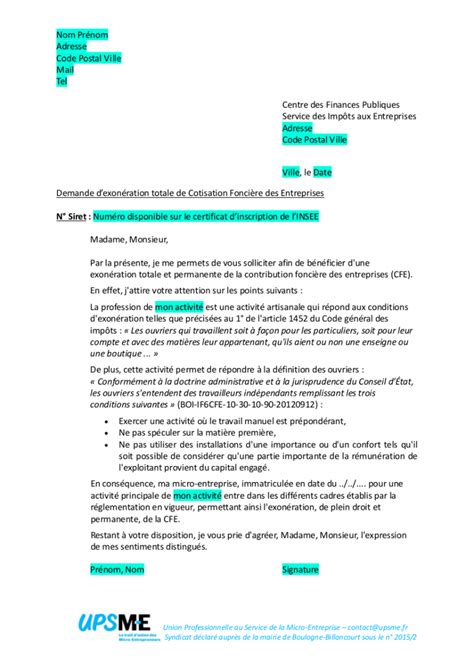 Lettre Demande Exoneration Cfe Modele Upsme