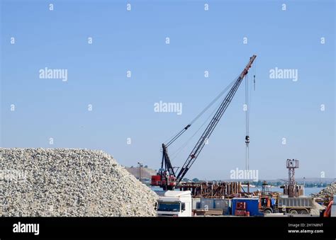 Crimean bridge, Taman, Russia - July 9, 2018: Construction of the ...