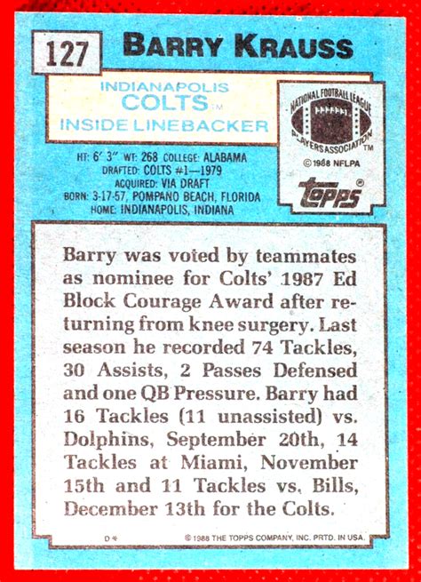 1988 Topps 127 Barry Krauss Rookie Indianapolis Colts S00246