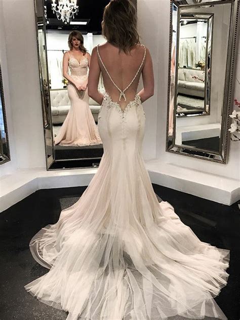 Spaghetti Strap Mermaid Wedding Dresses Sexy Backless Beaded Wedding Dress Sheergirl