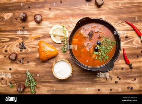 Hot Soup With Meat And Vegetables Traditional Russian Meat Soup