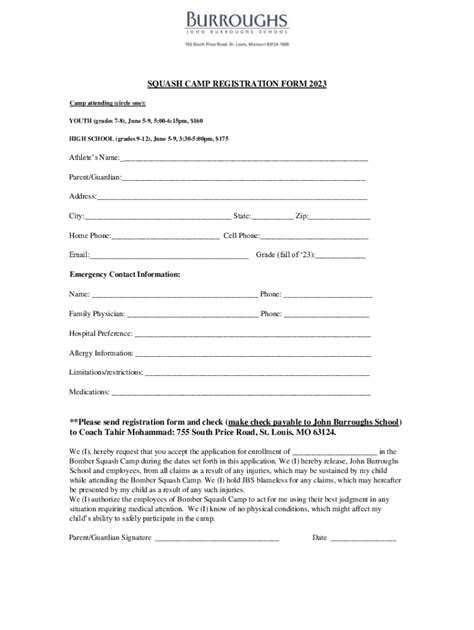 Fillable Online Squash Camp Registration Form 2023 Fax Email Print