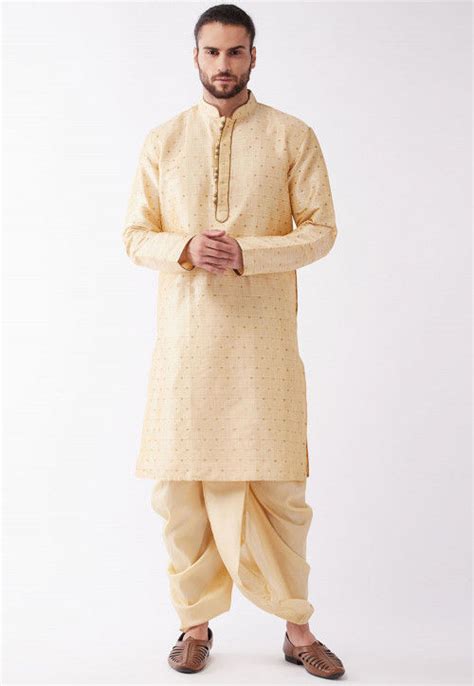 Buy Woven Art Silk Jacquard Dhoti Kurta In Light Beige Online Mtr