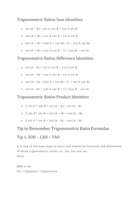 Trigonometric Ratios Definition Formulas Table And Problems Pdf