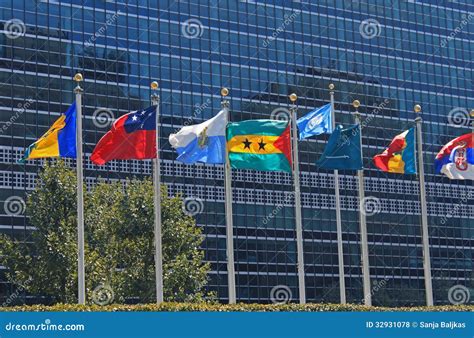flags  front  united nations building   york city editorial
