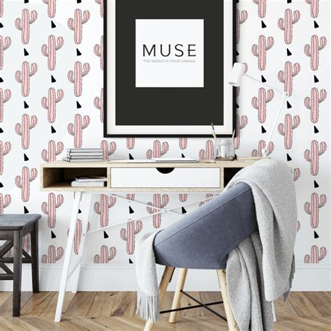 Pink Cactuses On White Peel And Stick Wallpaper Muse Wall Studio