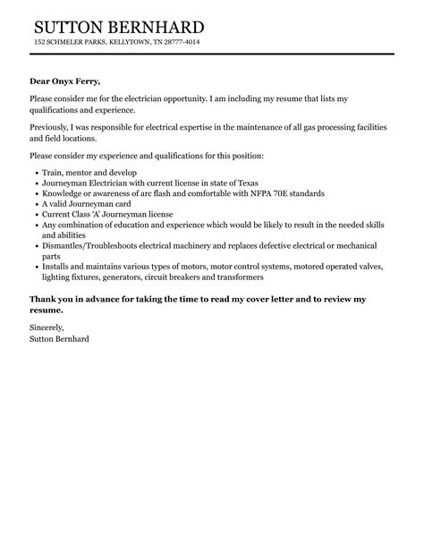 Electrician Cover Letter Velvet Jobs