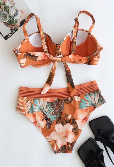 Bustier Bikini Set Mit Tropischem Bl Tter Print In Orange Retro