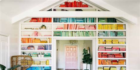 Diy Rainbow Bookshelf Tips Elsie Larson Colorful Book Wall