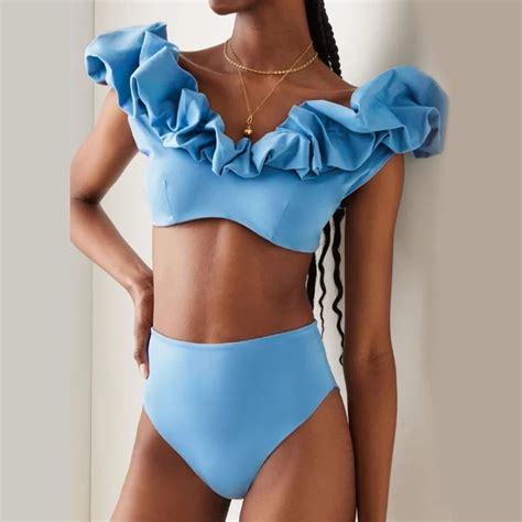 Traje de baño Vintage para mujer conjunto liso de piezas Bikini de cintura alta con cuello