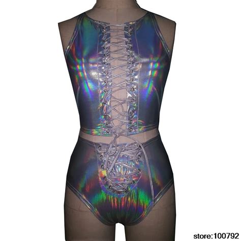 Holographic Chocker Crop Top Bottom Sets Summer Fetival Rave Clothes