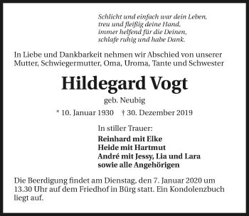 Traueranzeigen Von Hildegard Vogt Trauerundgedenken De