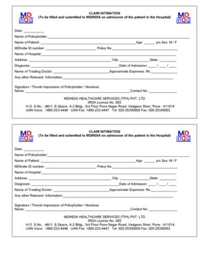 Md India Claim Intimation Fill Online Printable Fillable Blank