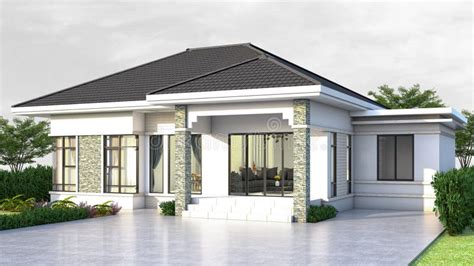 One Story House Exterior Design and Rendering Stock Illustration - Illustration of family ...