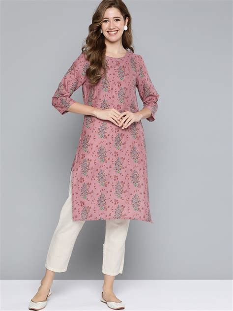 Buy Hereandnow Women Dusty Pink And Green Ethnic Motifs Print Kurta