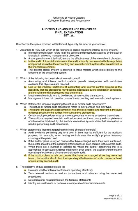 Auditing And Assurance Principles Final Exam Set A Answer KEY Page 1