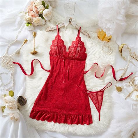 Midwennn Women Nightgown Lingerie Dress Red Lingerie Lace Lingerie Sexy Pajamas Sexy Lace Mesh
