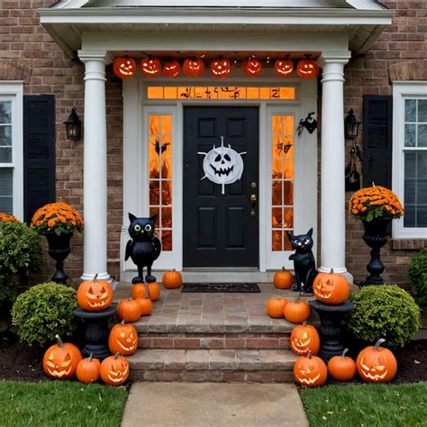 A House With Pumpkins And Pumpkins On The Front Door Premium AI