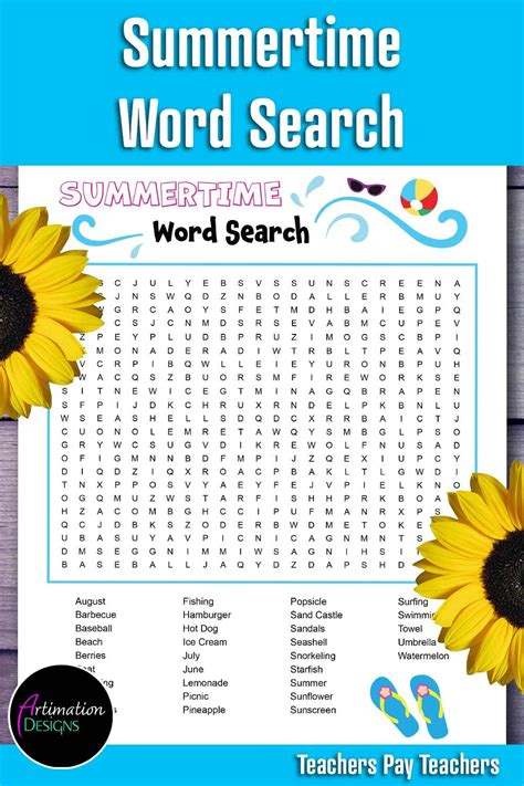 Summer Word Search Hard Level Summertime Word Game Activity