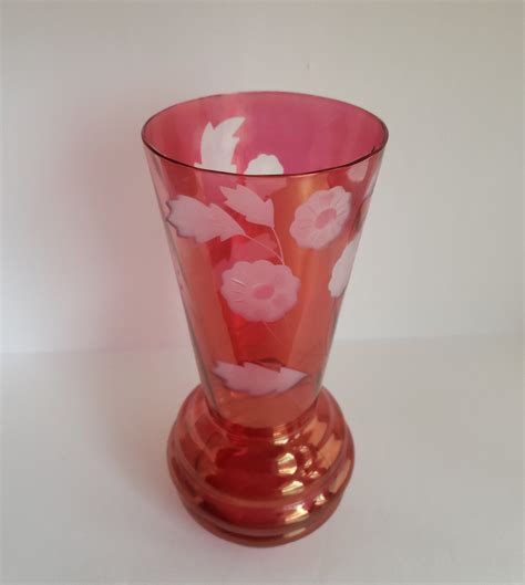 Vintage Etched Cranberry Glass Vase Beautiful Etsy