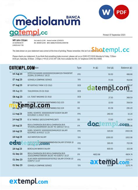 Banca Mediolanum Firm Account Statement Word And PDF Fake Template