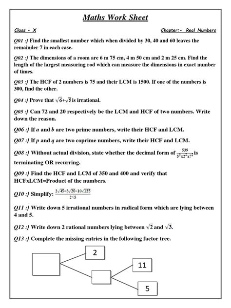 Cbse Class 10 Mathematics Real Numbers Worksheet Set A Pdf Numbers Real Number