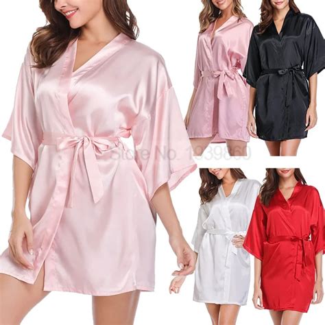 Seda Cetim Robe Feminino Cor Sólida Kimono Roupões De Banho Casa