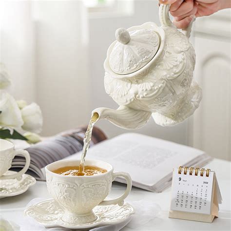 White Embossed Cup and Teapot Set - Ceramic - 1 Teapot and 2 Cups ...