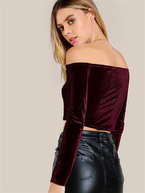 Bardot Neckline Velvet Crop Top Shein Sheinside