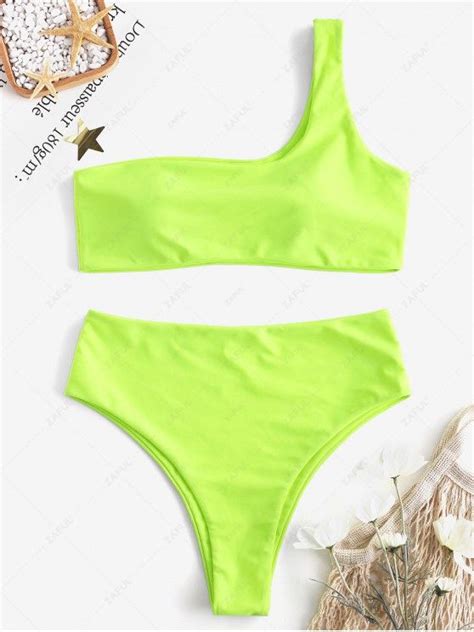 Off One Shoulder High Waisted Bikini Set In Green Yellow