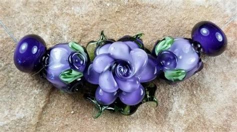 Glass Lampwork Beads Flowers Floral Roses Leafs Rose Buds Purple