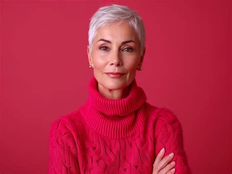 Premium Photo A Woman With Short White Hair Wearing A Pink Sweater