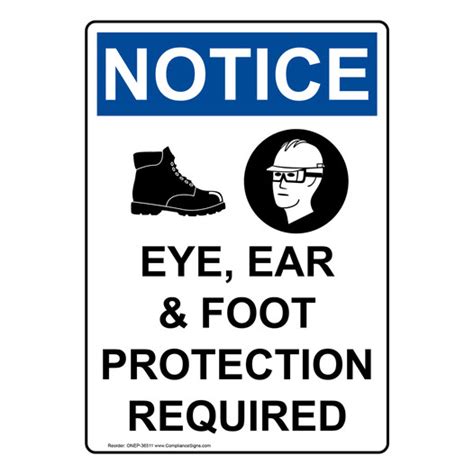 Vertical Eye Ear Foot Protection Sign Osha Notice