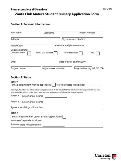 Fillable Online Zonta Club Mature Student Bursary Application Form Fax