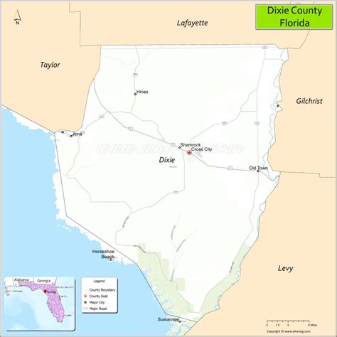 Map of Dixie County, Florida showing cities, highways & important ...