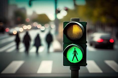 Semáforo verde con fondo borroso de autos y peatones que pasan Foto