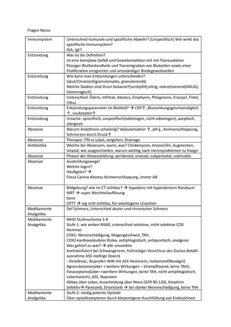 Fragen Naros Stichw Rter Zmk Examen Fragen Naros Immunsystem