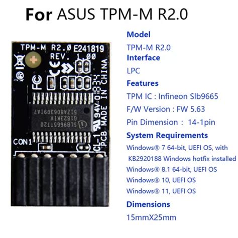 TPM 2 0 MODULE 14 1 Pin Trusted Platform Module LPC 15x25mm For ASUS