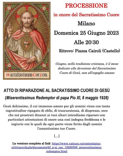 Milano Il 25 Giugno Processione Di Riparazione In Onore Del