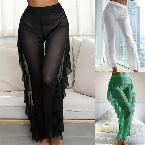 Women Bikini 2023 New Solid Color Beach Mesh Swimsuit Smock With See Through Ruffle Hem Pants