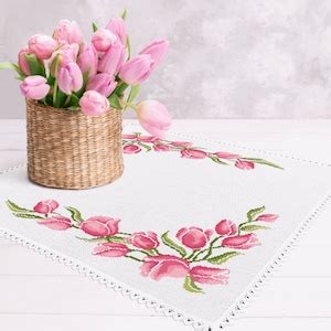 Napkin With Pink Tulips Digital Pattern For Cross Stitch Flowers Pdf